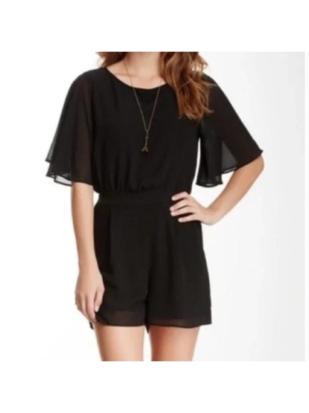 Everleigh Chiffon Romper Black Medium Flutter Sleeve Keyhole Back 3 Inch Inseam